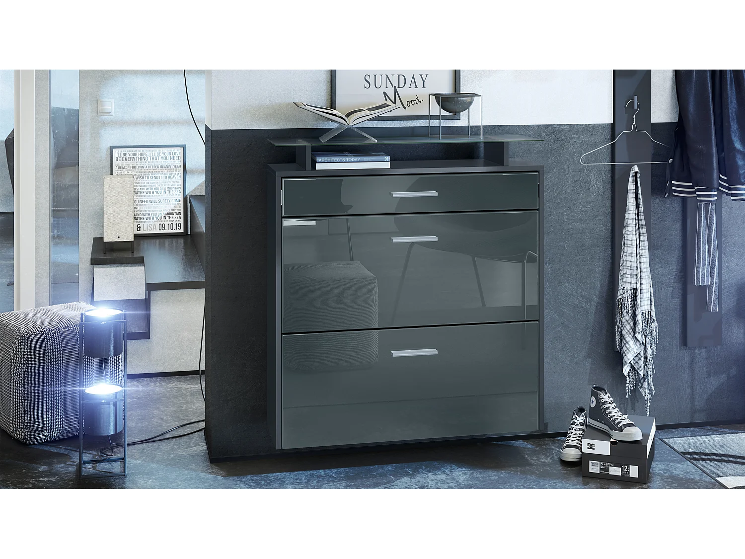 Scarpiera Vladon Malea, antracite opaco /grigio lucido - carrello appeso per 16 paia di scarpe (89 x 96 x 23 cm)