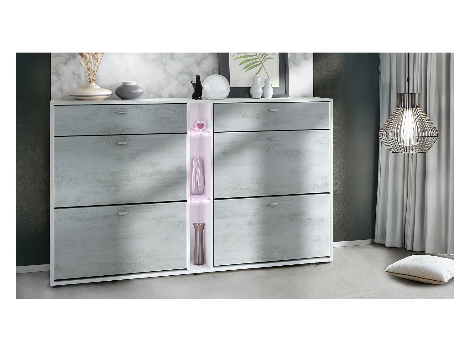 Meuble à chaussures à bascule Today 155,5 x 95 x 28 cm, avec un éclairage LED blanc, corps en Blanc mat, façades en aspect béton oxyde