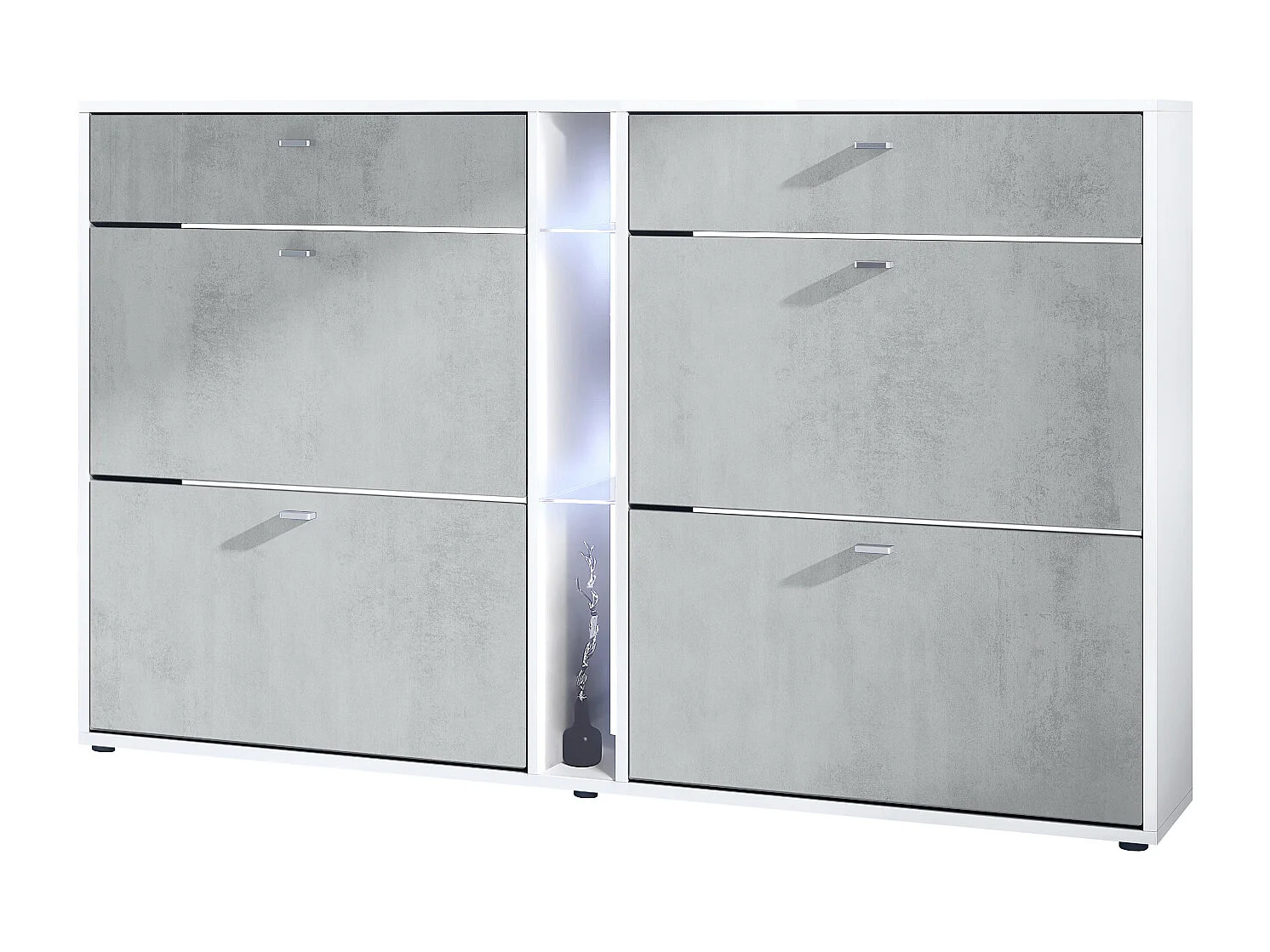 Scarpiera Today con 4 ante e 2 cassetti 155,5 x 95 x 28 cm, con illuminazione LED bianca, struttura in bianco opaco, frontali in ottica cermento ossido