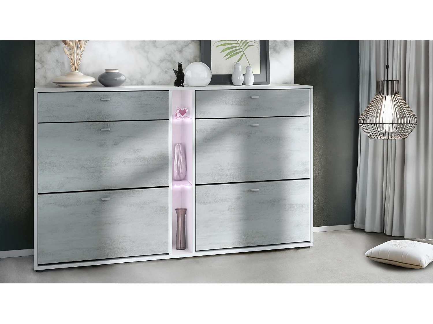 Scarpiera Today con 4 ante e 2 cassetti 155,5 x 95 x 28 cm, con illuminazione LED bianca, struttura in bianco opaco, frontali in ottica cermento ossido