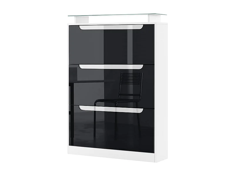 Meuble à chaussures Space, basculant pour 24 paires de chaussures avec 3 clapets et étagère en verre, Blanc mat/Noir haute brillance (89 x 128 x 23 cm)