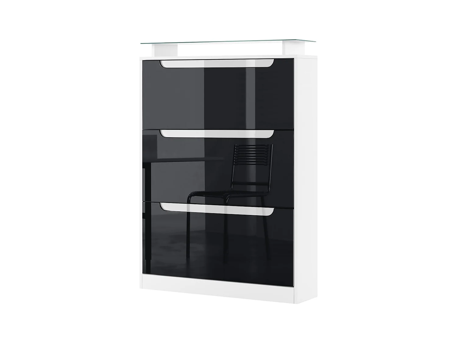 Meuble à chaussures Space, basculant pour 24 paires de chaussures avec 3 clapets et étagère en verre, Blanc mat/Noir haute brillance (89 x 128 x 23 cm)