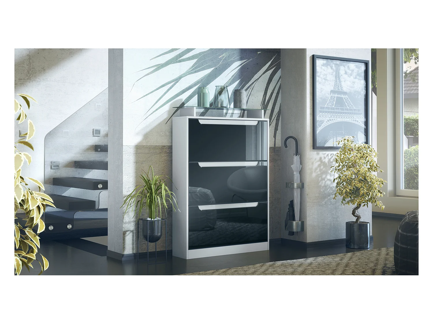 Meuble à chaussures Space, basculant pour 24 paires de chaussures avec 3 clapets et étagère en verre, Blanc mat/Noir haute brillance (89 x 128 x 23 cm)