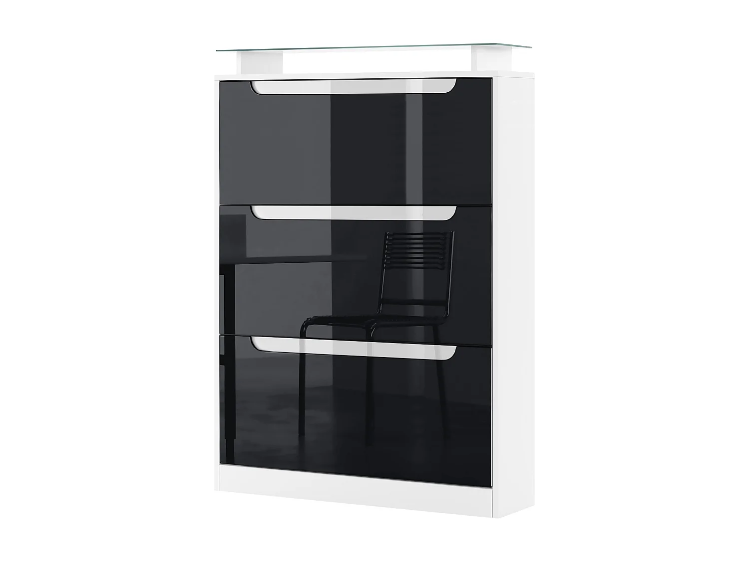 Shoe Cabinet Space, Mobile per 24 paia di scarpe con 3 ante a ribalta e un ripiano in vetro, bianco opaco/nero lucido (89 x 128 x 23 cm)