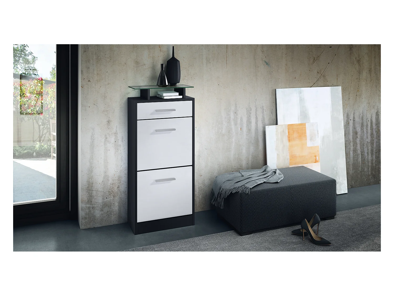 Meuble chaussure Loret V2, Étagère à chaussures pour 8 paires de chaussures avec 2 clapets, 1 tiroir, Noir mat/Blanc mat (46 x 104 x 23 cm)