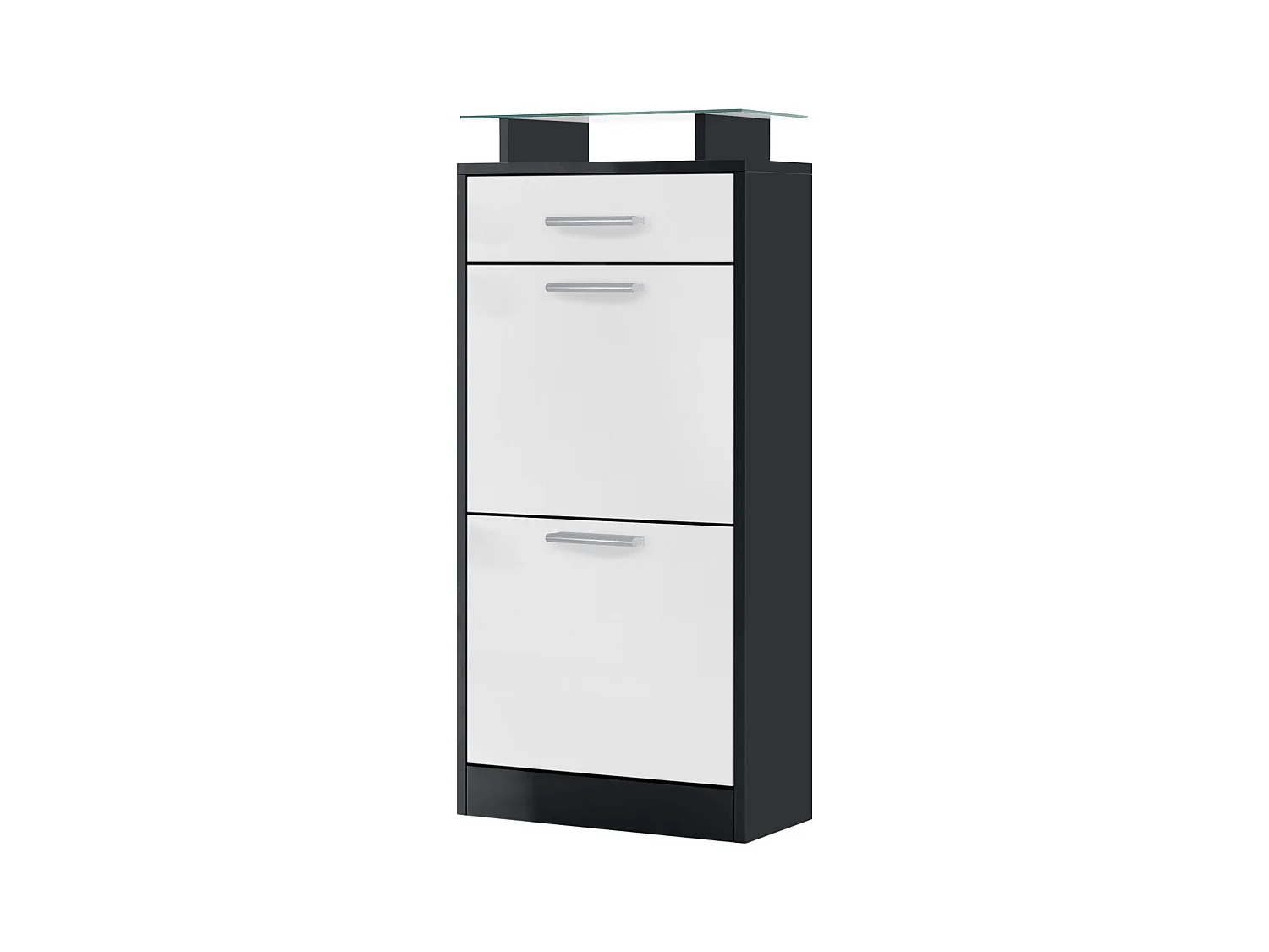Scarpiera  Loret V2, mobile per 8 paia di scarpe con 2 ante a ribalta, 1 cassetto e ripiano in vetro, nero opaco/bianco opaco (46 x 104 x 23 cm)