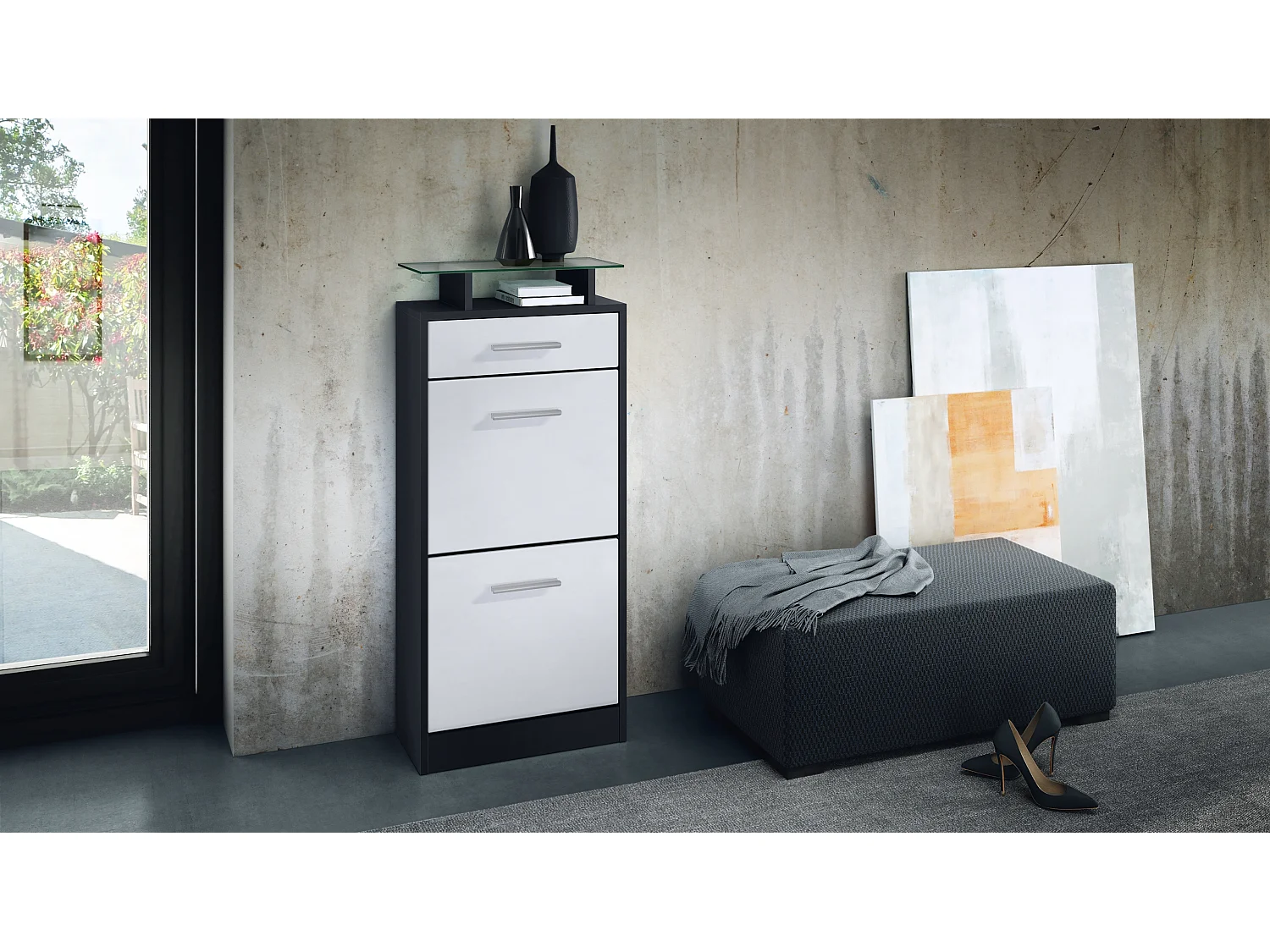 Scarpiera  Loret V2, mobile per 8 paia di scarpe con 2 ante a ribalta, 1 cassetto e ripiano in vetro, nero opaco/bianco opaco (46 x 104 x 23 cm)