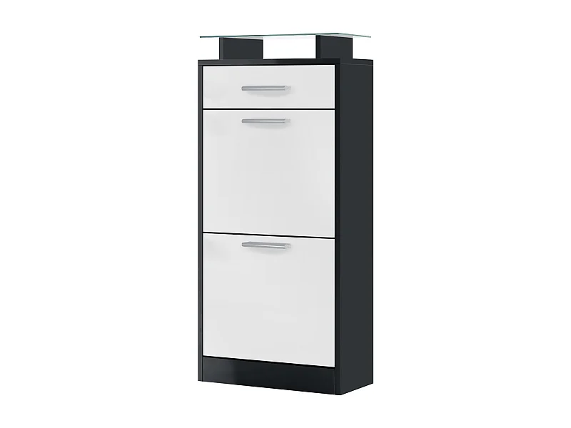 Meuble chaussure Loret V2, Étagère à chaussures pour 8 paires de chaussures avec 2 clapets, 1 tiroir, Noir mat/Blanc mat (46 x 104 x 23 cm)