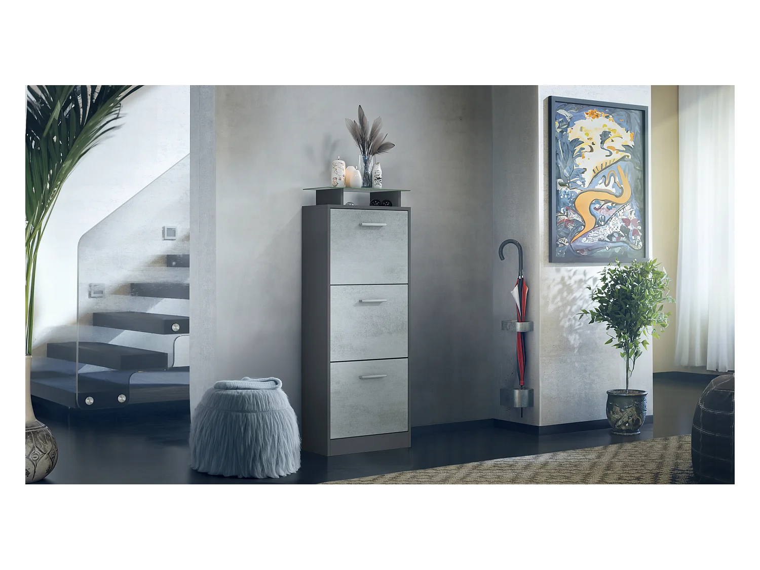 Meuble à Chaussures Lavia V2, Range-Chaussures pour 12 Paires avec 3 Abattants et Étagère en Verre, anthracite mat/aspect béton oxyde (46 x 128 x 23 cm)