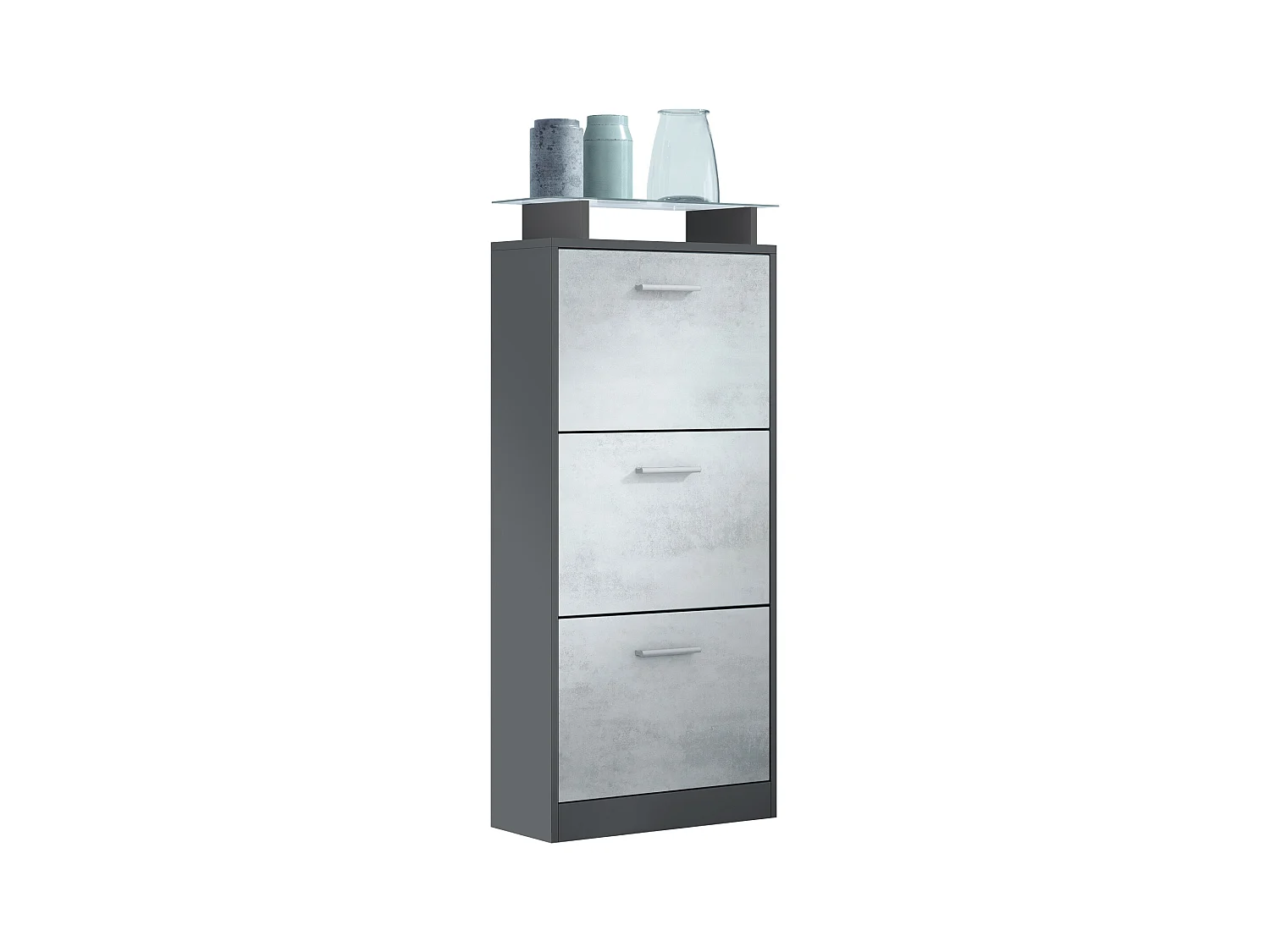 Meuble à Chaussures Lavia V2, Range-Chaussures pour 12 Paires avec 3 Abattants et Étagère en Verre, anthracite mat/aspect béton oxyde (46 x 128 x 23 cm)
