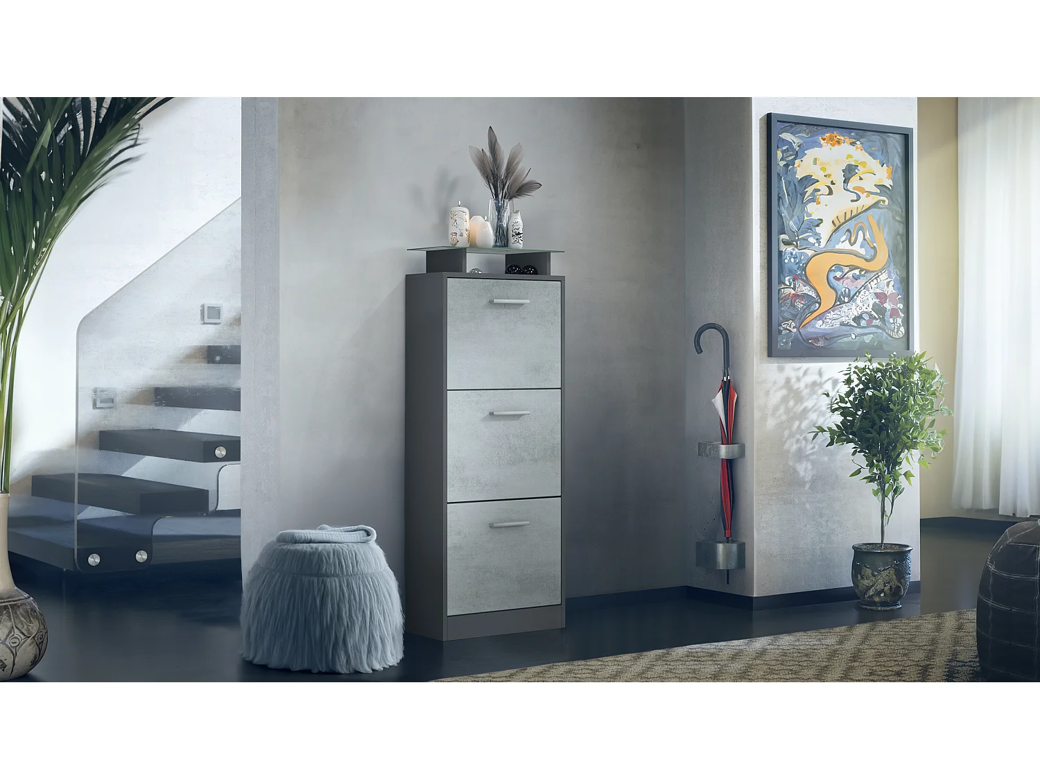 Vladon Scarpiera Lavia V2, Scarpiera per 12 Paia di Scarpe con 3 Ribalte e Mensola in Vetro, antracite opaco /ottica cermento ossido (46 x 128 x 23 cm)