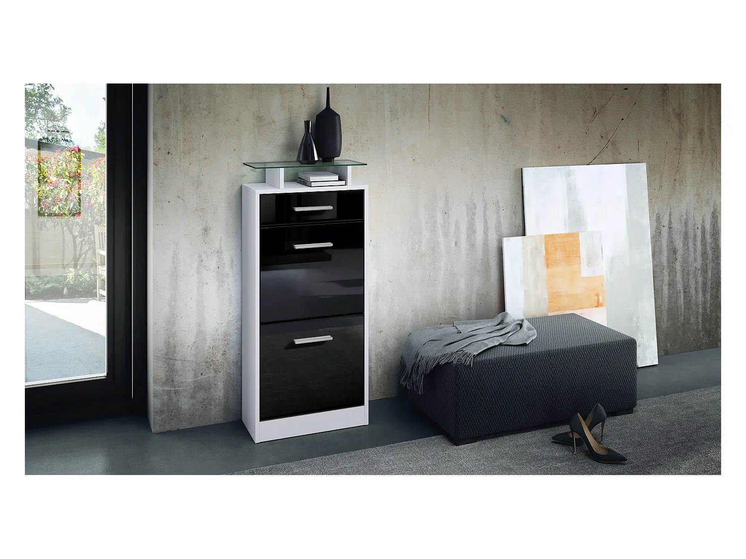 Meuble chaussure Loret V2, Étagère à chaussures pour 8 paires de chaussures avec 2 clapets, 1 tiroir, Blanc mat/Noir brillant (46 x 104 x 23 cm)