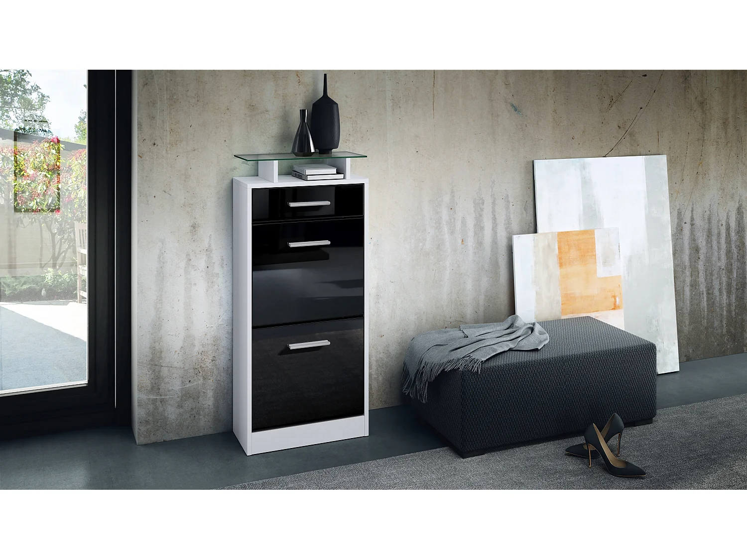 Scarpiera  Loret V2, mobile per 8 paia di scarpe con 2 ante a ribalta, 1 cassetto e ripiano in vetro, bianco opaco/nero lucido (46 x 104 x 23 cm)