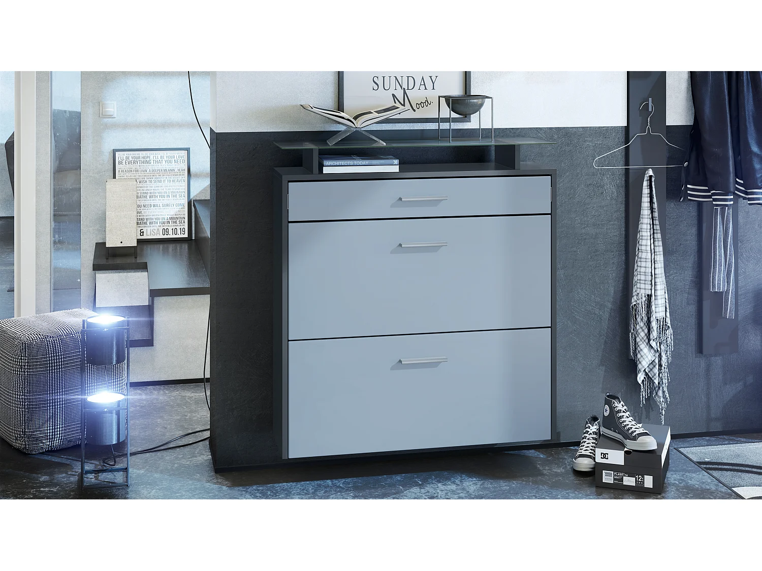 Scarpiera Vladon Malea, antracite opaco /denim opaco - carrello appeso per 16 paia di scarpe (89 x 96 x 23 cm)