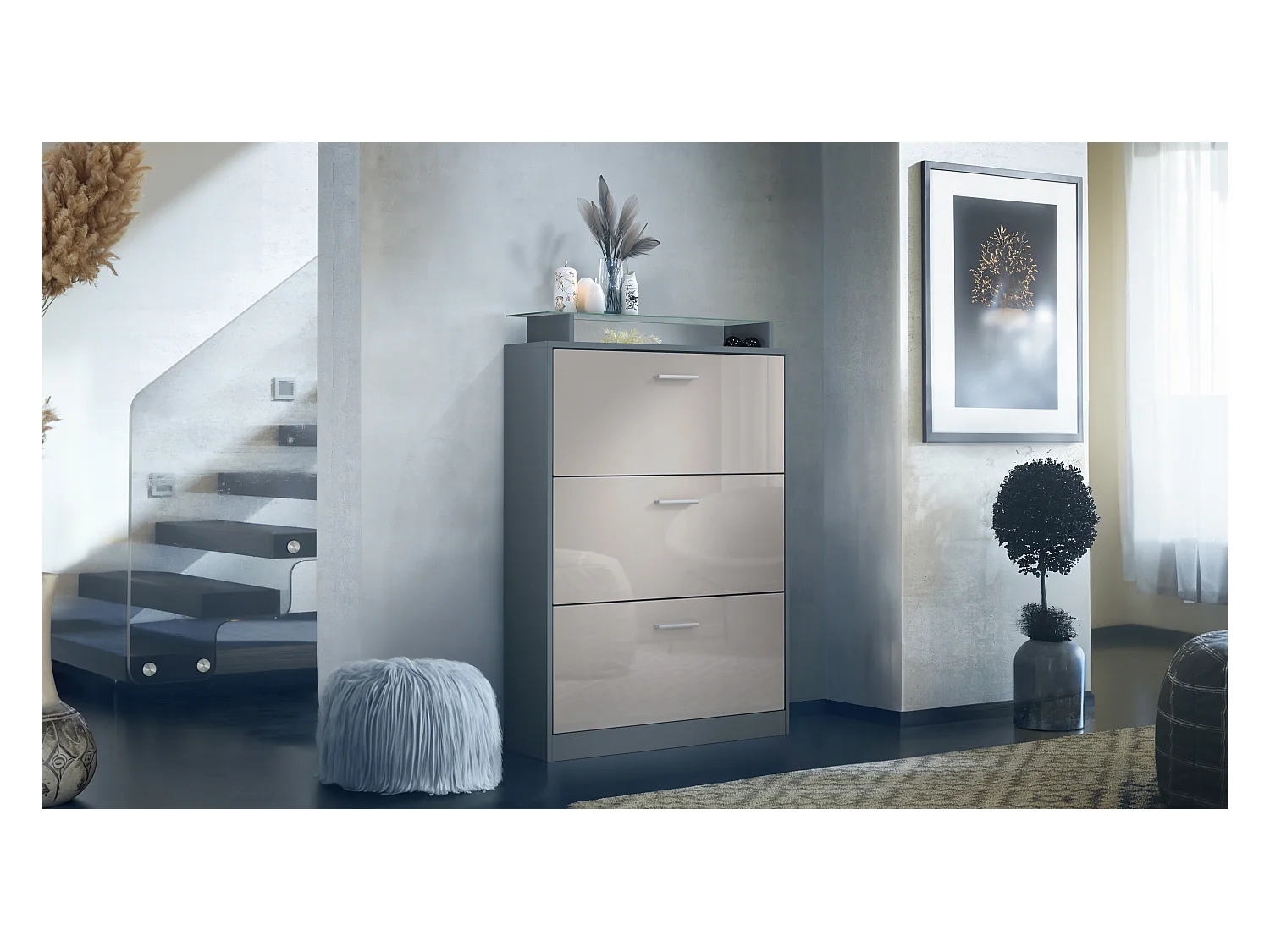 Armoire à chaussures Lavia, benne à chaussures pour 24 paires de chaussures avec 3 abattants et étagère en verre, / (89 x 128 x 23 cm)