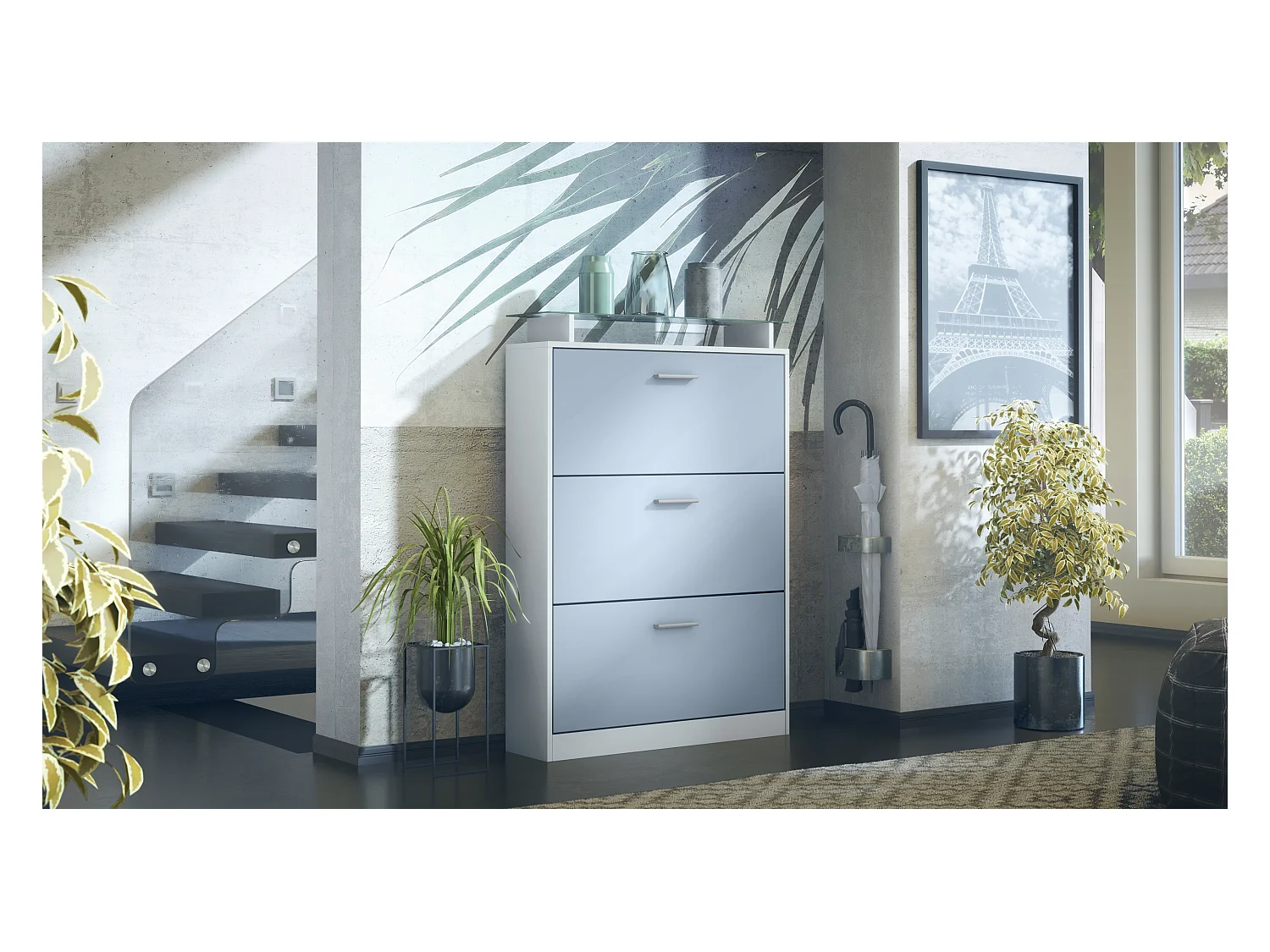 Meuble à chaussures Lavia, Corps en Blanc mat / Façades en Denim mat