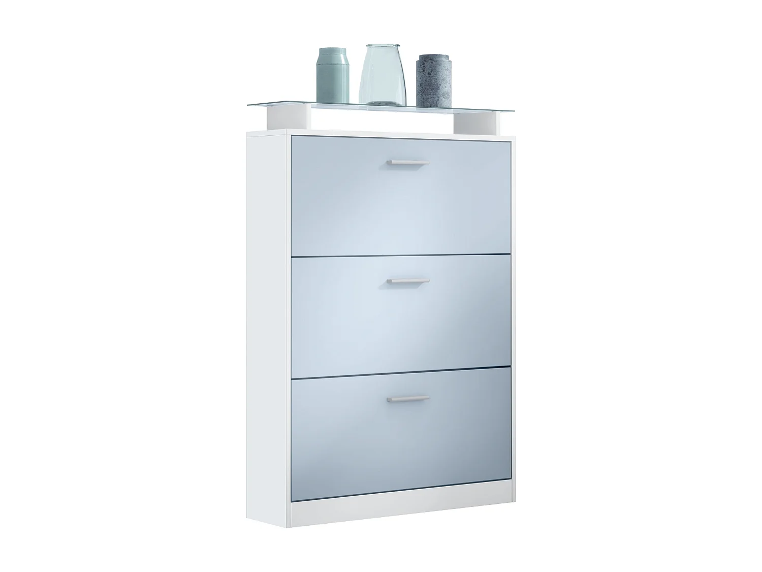 Scarpiera Lavia, mobile per 24 paia di scarpe con 3 ante a ribalta e un ripiano in vetro, bianco/opaco denim (89 x 128 x 23 cm)