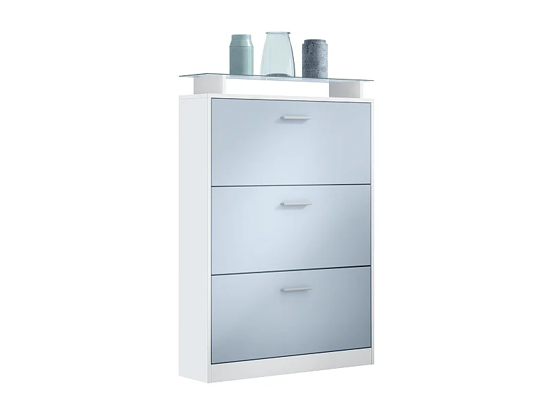 Vladon zapatero Lavia, armario para zapatos para 24 pares de zapatos con 3 puertas abatibles y estante de cristal, Blanco mate/Mezclilla mate (89 x 128 x 23 cm)