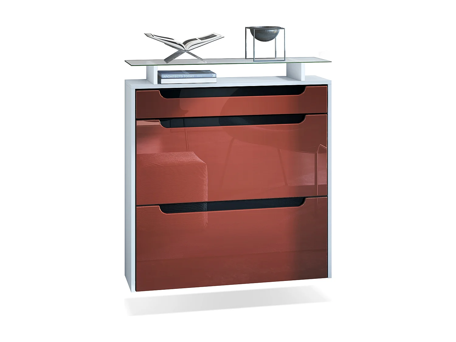 Scarpiera  Annie per 16 paia di scarpe con 2 ante a ribalta ripiano in vetro, bianco opaco/bordeaux lucido (89 x 96 x 23 cm)