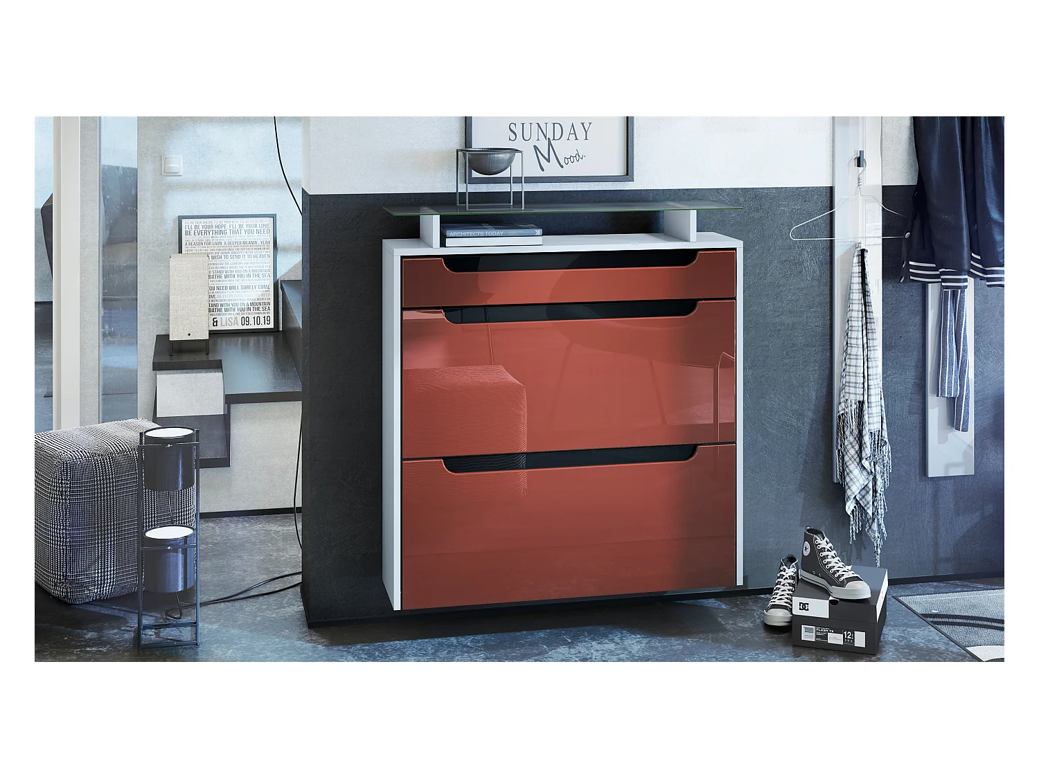 Scarpiera  Annie per 16 paia di scarpe con 2 ante a ribalta ripiano in vetro, bianco opaco/bordeaux lucido (89 x 96 x 23 cm)