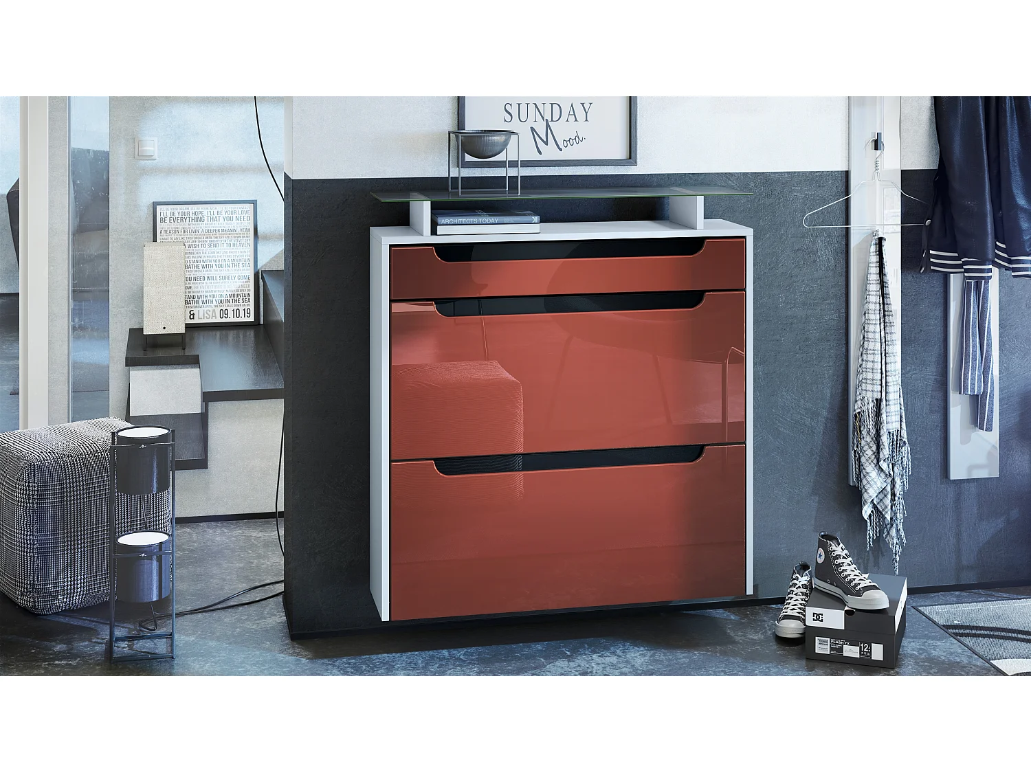 Scarpiera  Annie per 16 paia di scarpe con 2 ante a ribalta ripiano in vetro, bianco opaco/bordeaux lucido (89 x 96 x 23 cm)