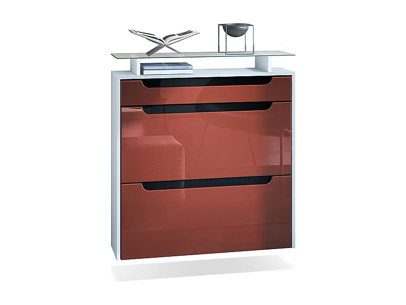 Meuble chaussures Annie pour 16 paires de chaussures avec 2 clapets et 1 tablette en verre, Blanc mat/Bordeaux haute brillance (89 x 96 x 23 cm)