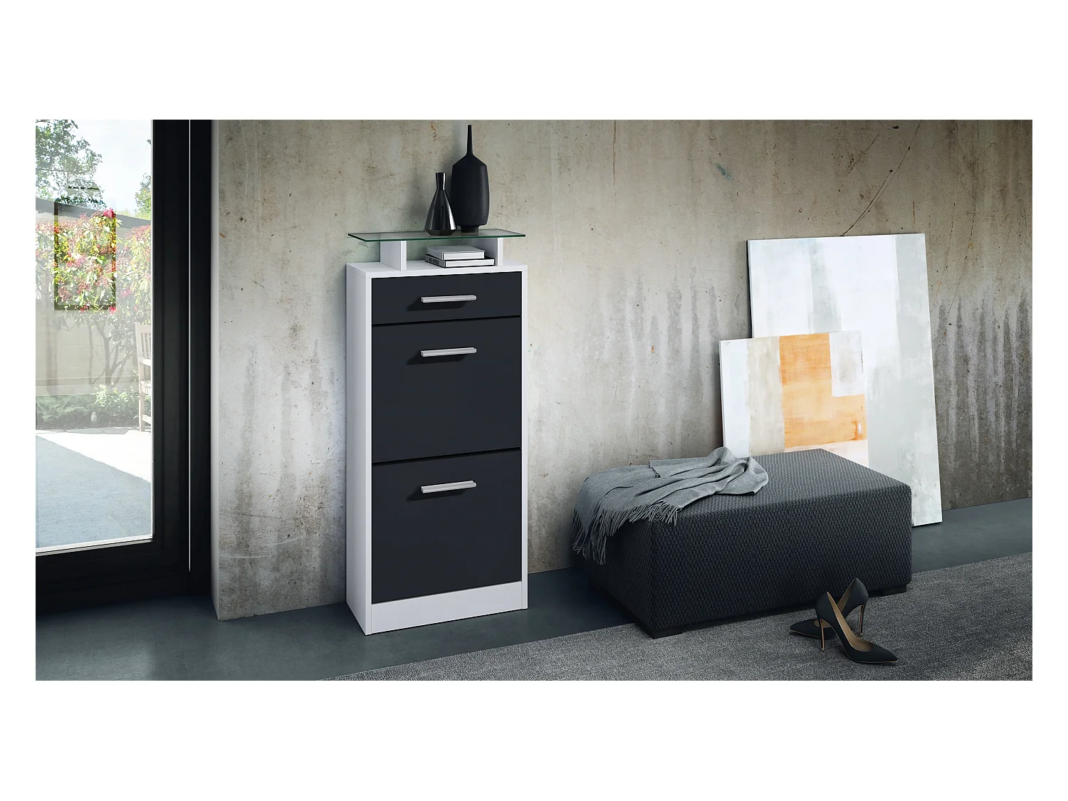 Meuble chaussure Loret V2, Étagère à chaussures pour 8 paires de chaussures avec 2 clapets, 1 tiroir, Blanc mat/Noir mat (46 x 104 x 23 cm)