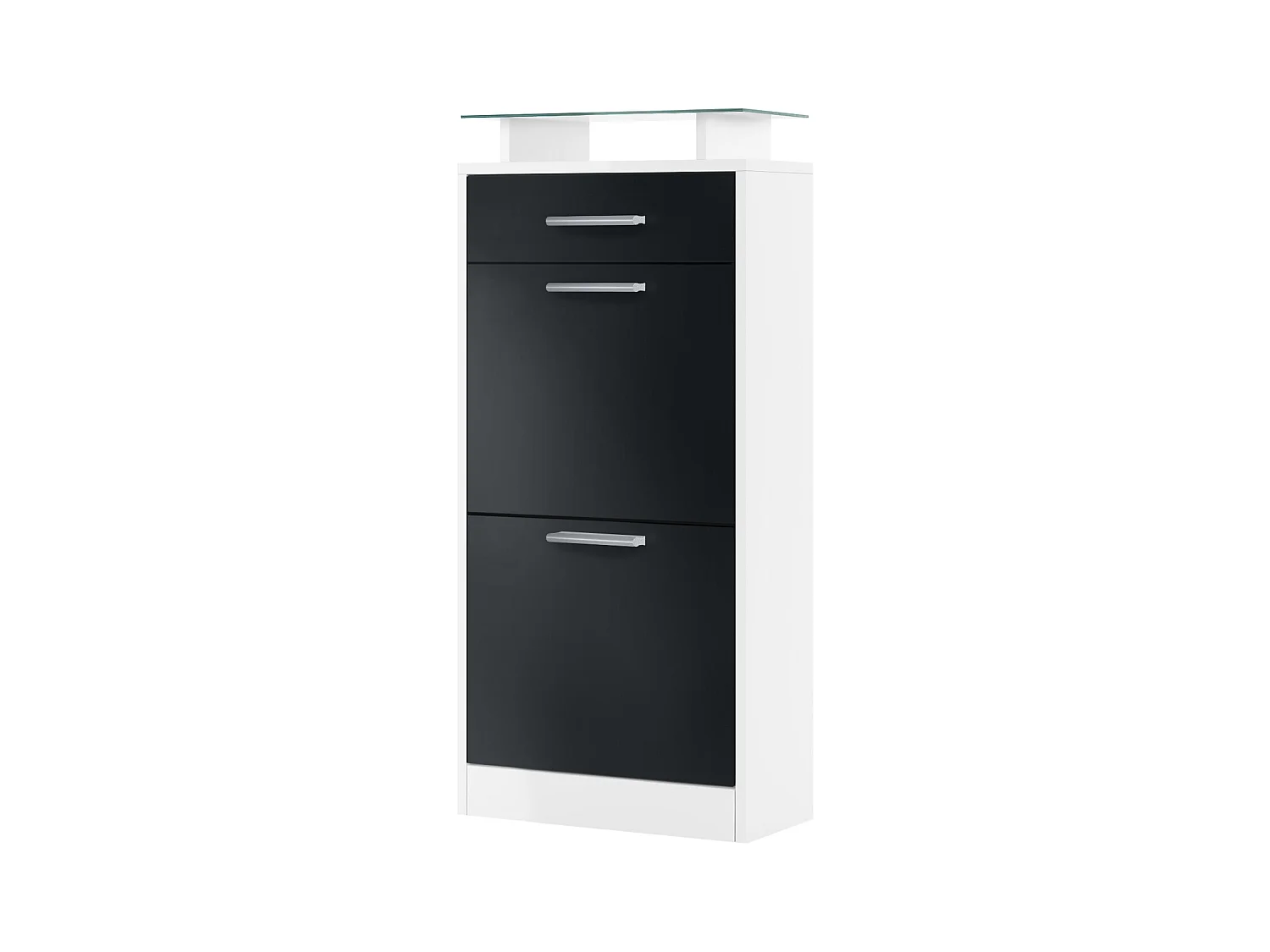 Meuble chaussure Loret V2, Étagère à chaussures pour 8 paires de chaussures avec 2 clapets, 1 tiroir, Blanc mat/Noir mat (46 x 104 x 23 cm)