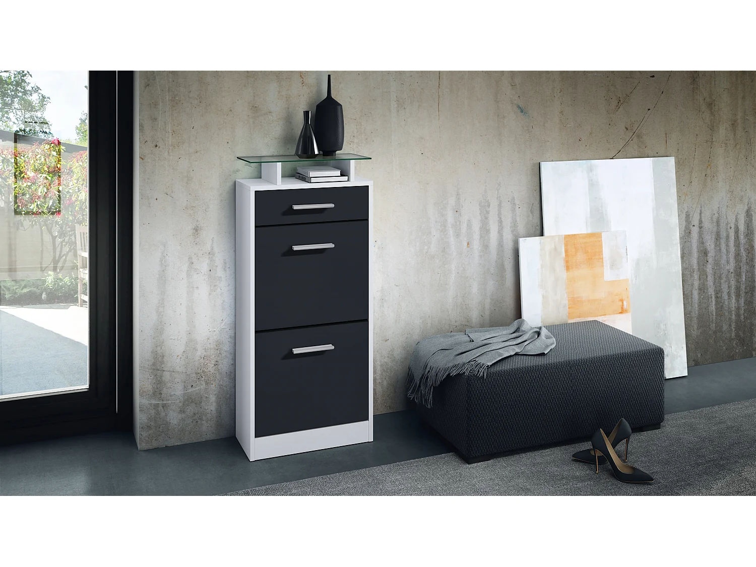 Meuble chaussure Loret V2, Étagère à chaussures pour 8 paires de chaussures avec 2 clapets, 1 tiroir, Blanc mat/Noir mat (46 x 104 x 23 cm)