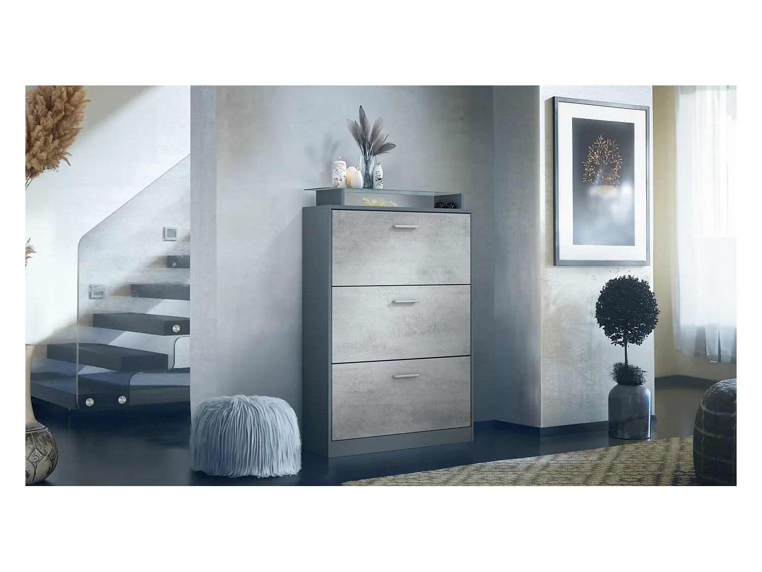 Armoire à chaussures Lavia, benne à chaussures pour 24 paires de chaussures avec 3 abattants et étagère en verre, / (89 x 128 x 23 cm)