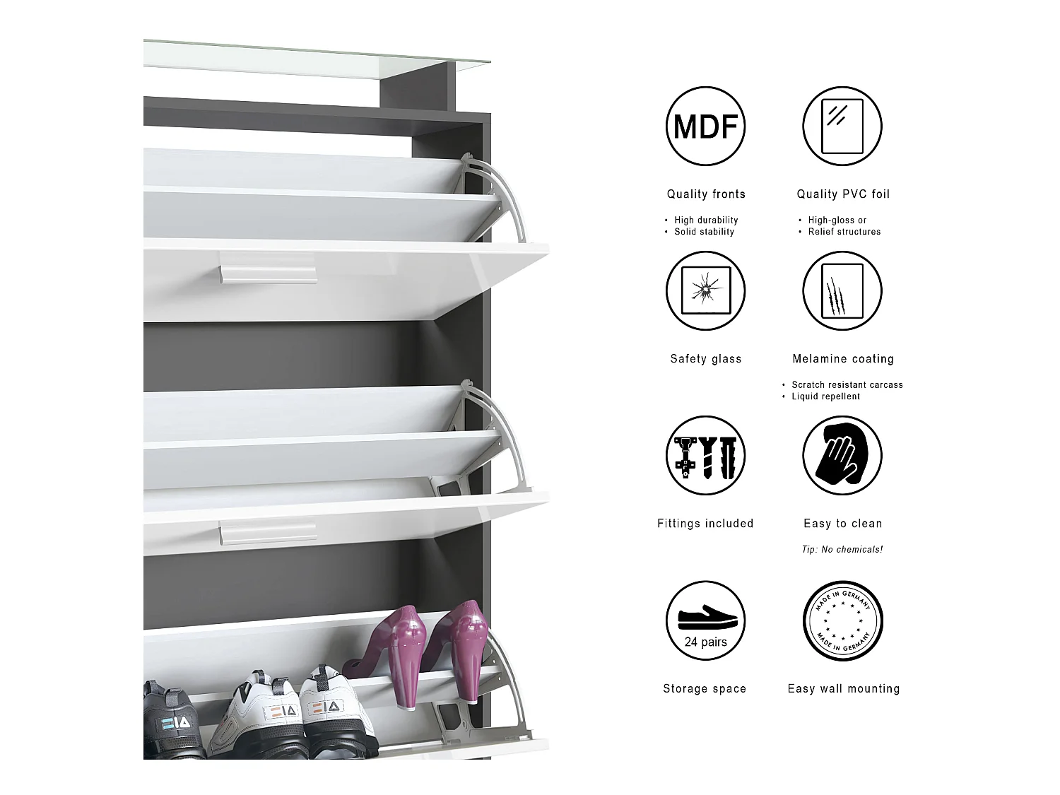 Armoire à chaussures Lavia, benne à chaussures pour 24 paires de chaussures avec 3 abattants et étagère en verre, / (89 x 128 x 23 cm)