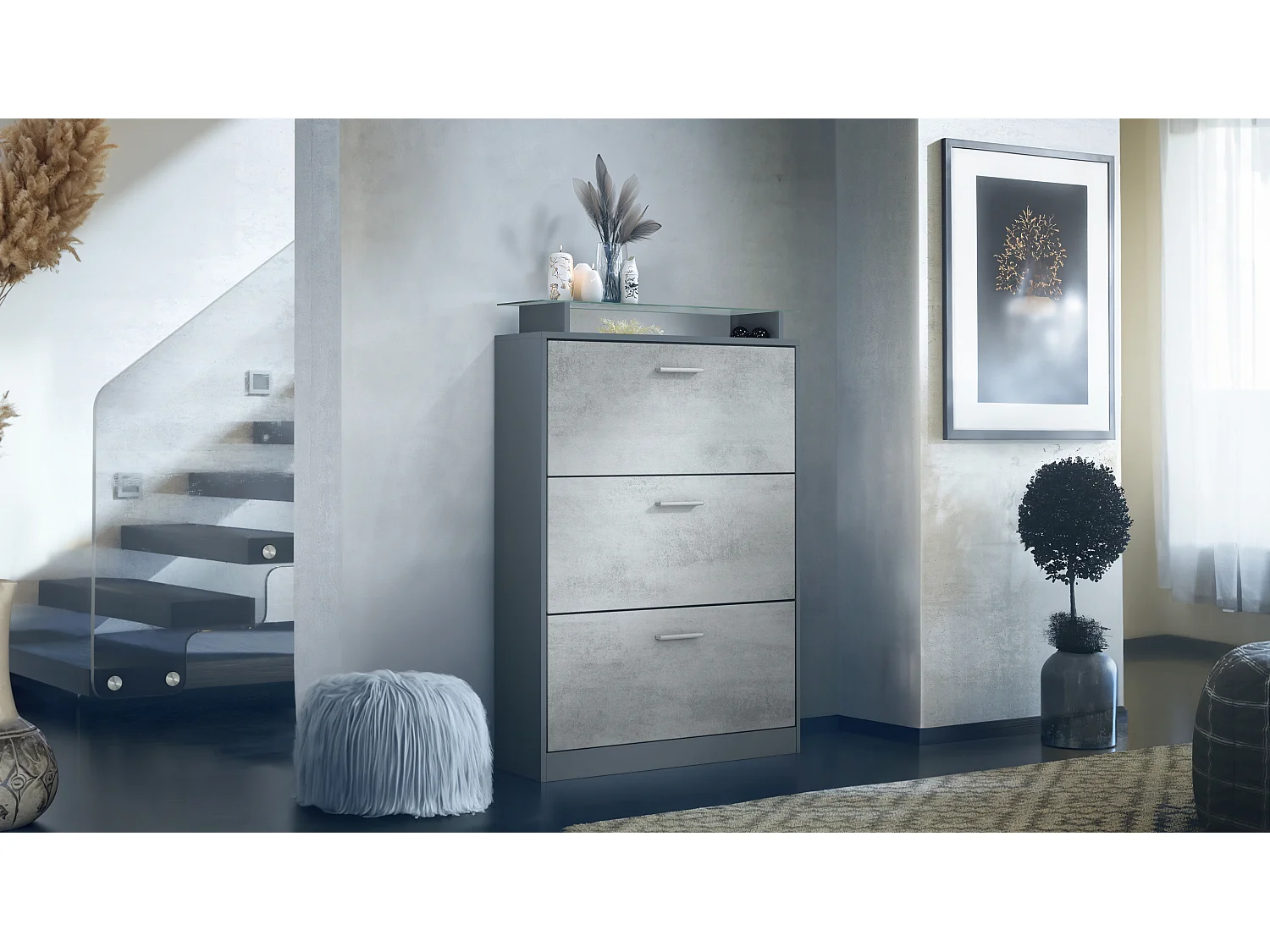 Scarpiera Lavia, Scarpiera a ribalta per 24 paia di scarpe con 3 ante a ribalta e ripiano in vetro, antracite opaco /ottica cermento ossido (89 x 128 x 23 cm)