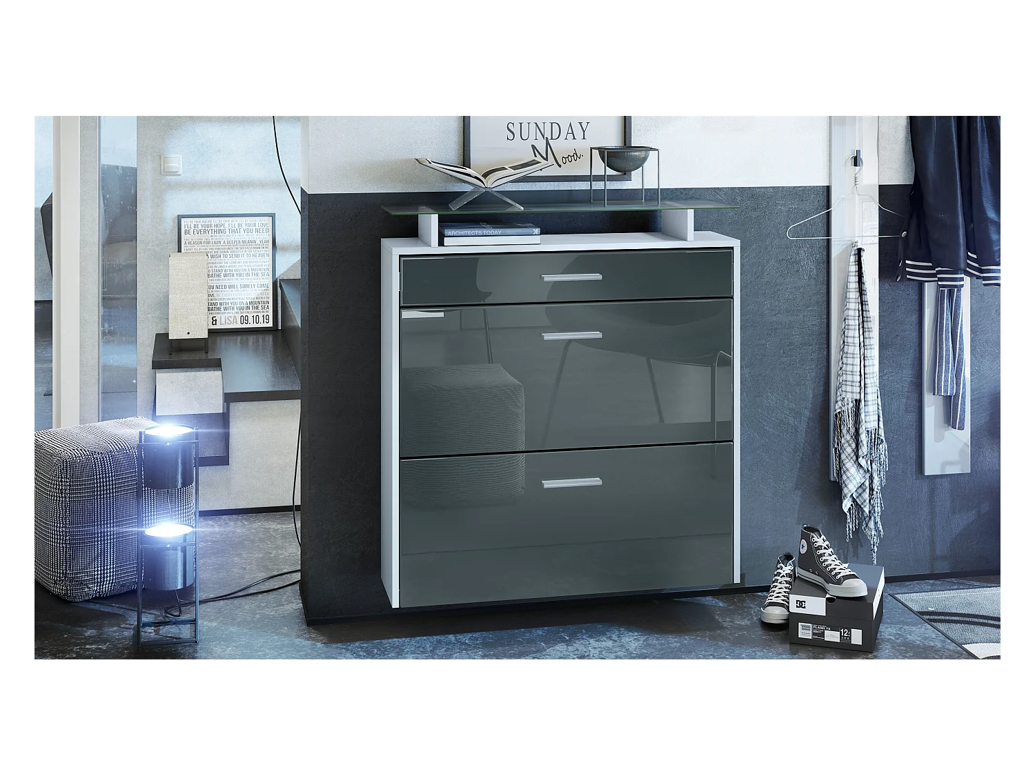 SCHUHSCHRANK Malea Front in Grau Hochglanz