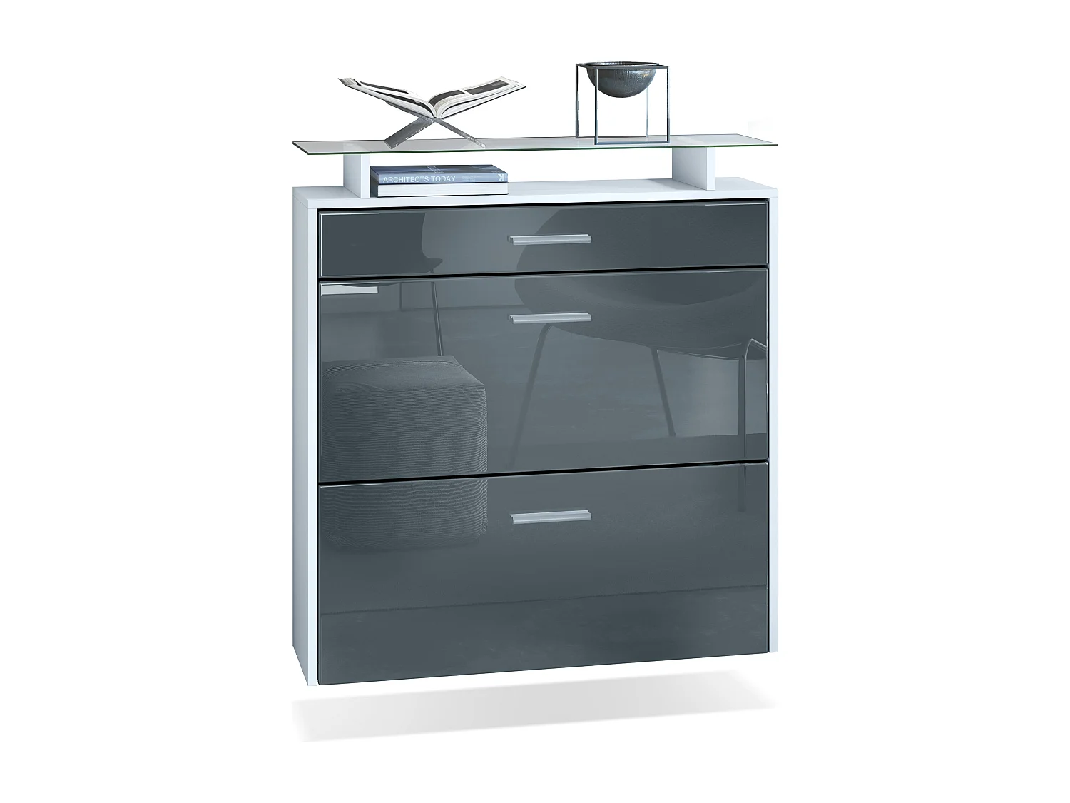 Meuble chaussures Malea, Armoire à chaussures murale pour 16 paires avec 2 clapets, 1 tiroir, Blanc mat/Gris brillant  (89 x 96 x 23 cm)