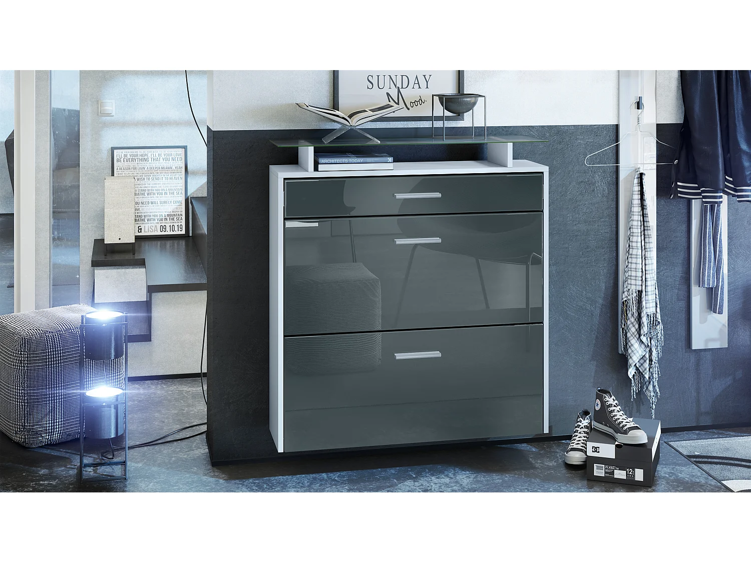 Meuble chaussures Malea, Armoire à chaussures murale pour 16 paires avec 2 clapets, 1 tiroir, Blanc mat/Gris brillant  (89 x 96 x 23 cm)