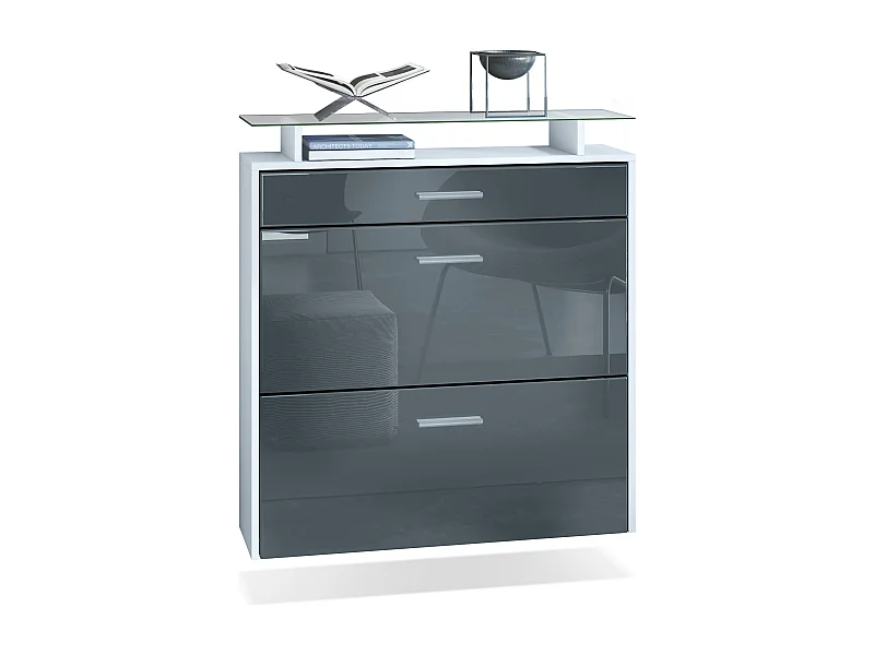 Meuble chaussures Malea, Armoire à chaussures murale pour 16 paires avec 2 clapets, 1 tiroir, Blanc mat/Gris brillant  (89 x 96 x 23 cm)