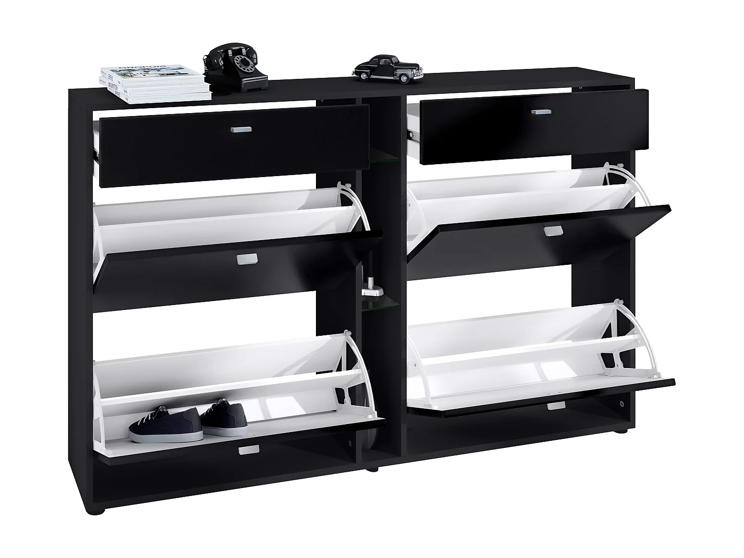 Scarpiera Today con 4 ante e 2 cassetti 155,5 x 95 x 28 cm, con illuminazione a LED RGB, struttura in nero opaco, frontali in nero lucido