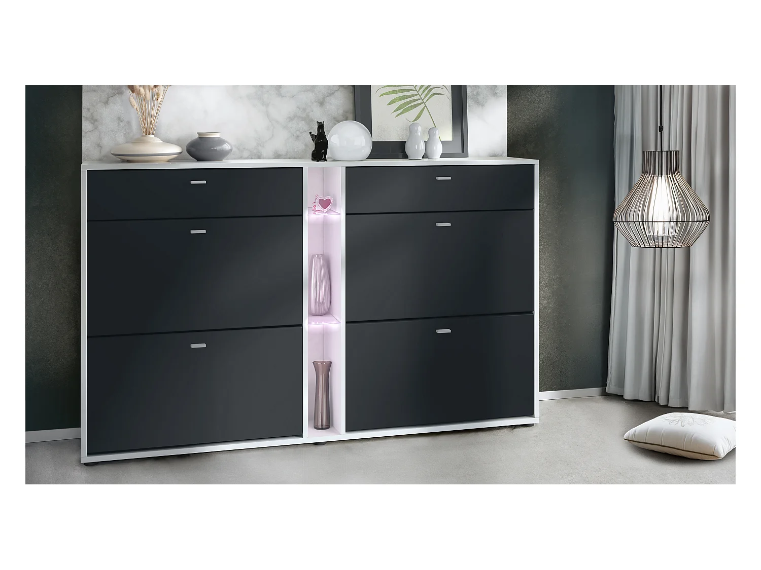 Meuble à chaussures à bascule Today 155,5 x 95 x 28 cm, avec un éclairage LED blanc, corps en Blanc mat, façades en noir mat