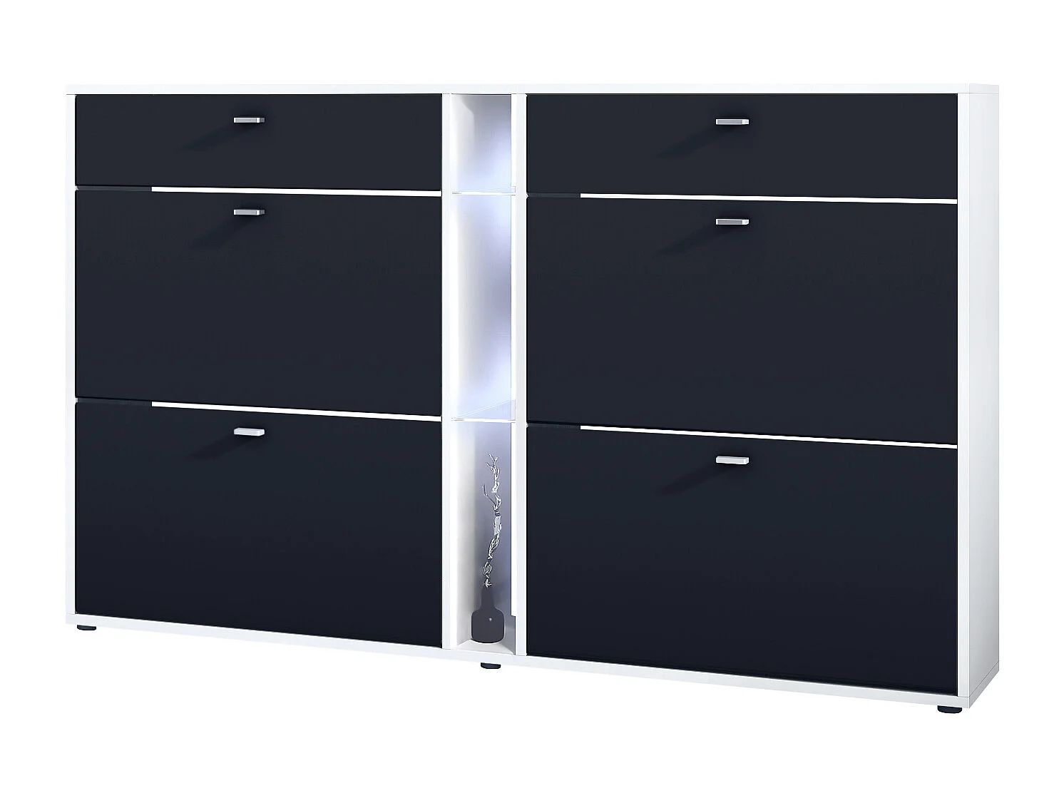 Scarpiera Today con 4 ante e 2 cassetti 155,5 x 95 x 28 cm, con illuminazione LED bianca, struttura in bianco opaco, frontali in nero opaco