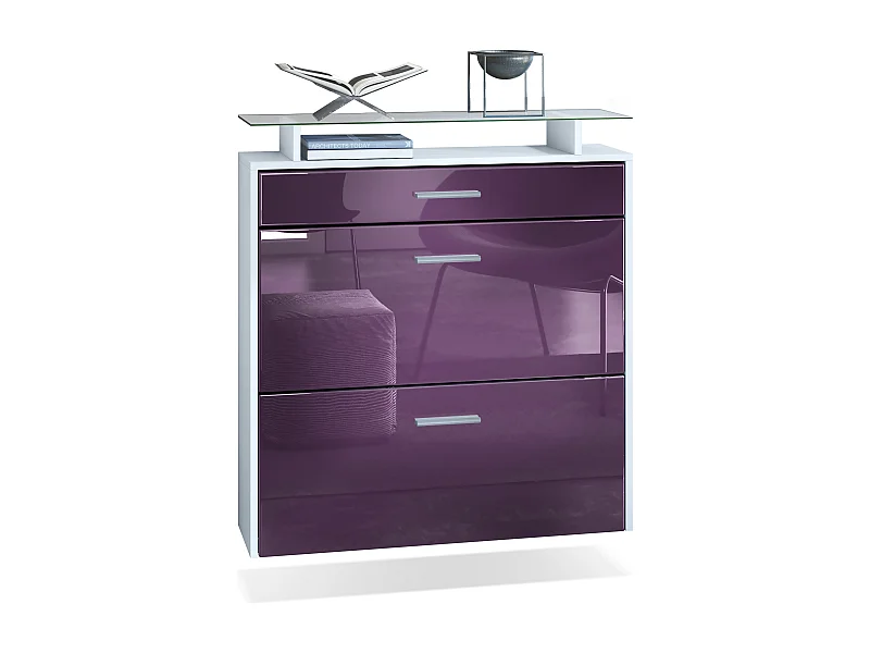 Meuble chaussures Malea, Armoire à chaussures murale pour 16 paires avec 2 clapets, 1 tiroir, Blanc mat/Mûre brillant  (89 x 96 x 23 cm)