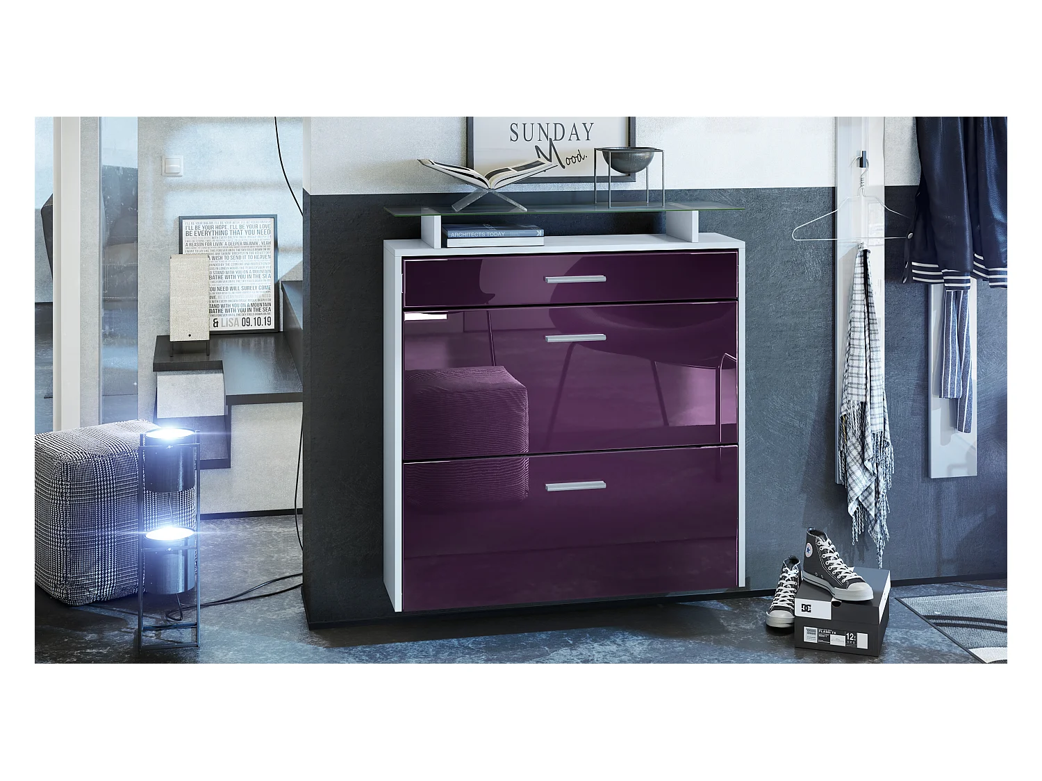 Meuble chaussures Malea, Armoire à chaussures murale pour 16 paires avec 2 clapets, 1 tiroir, Blanc mat/Mûre brillant  (89 x 96 x 23 cm)