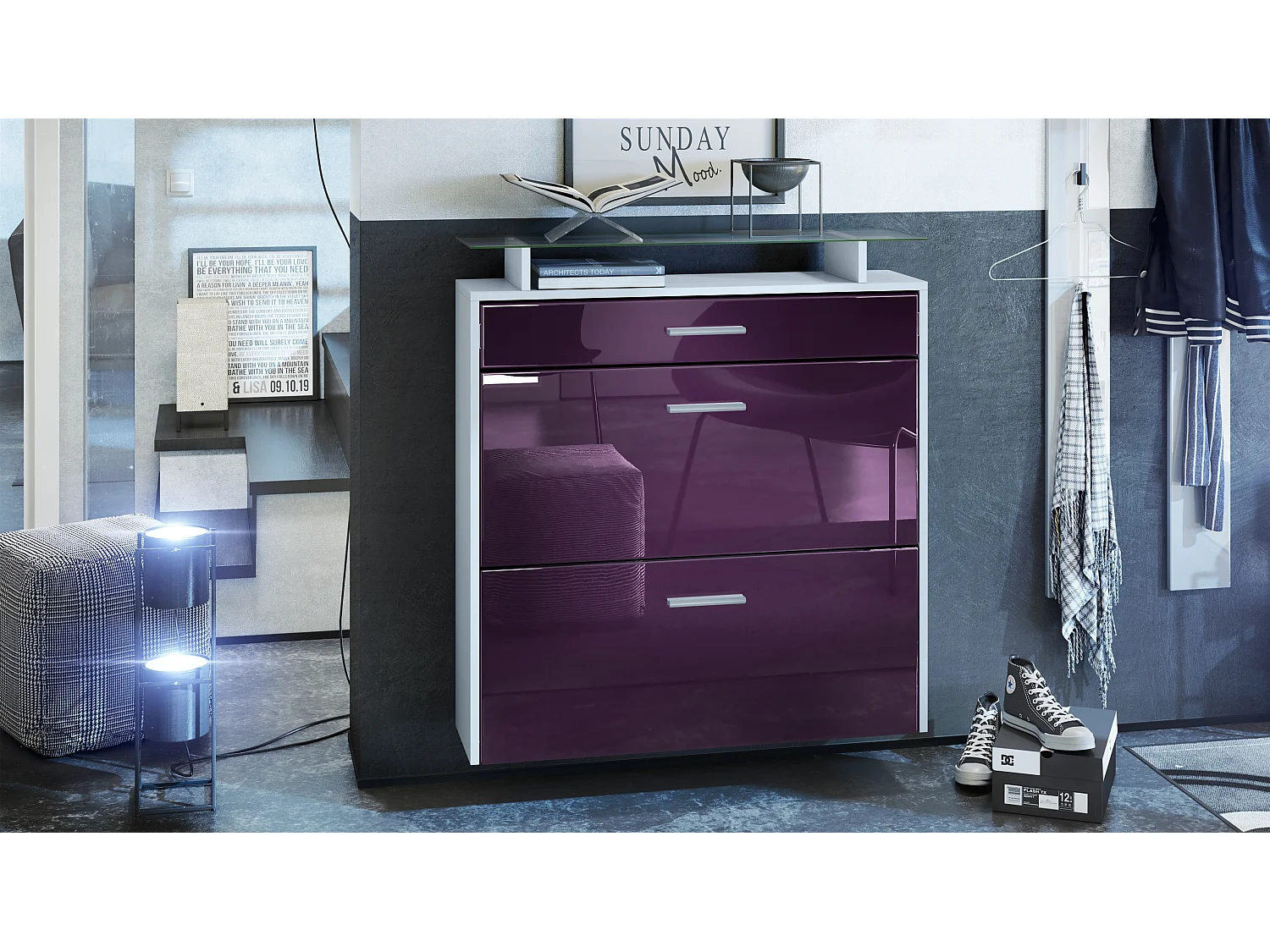 Meuble chaussures Malea, Armoire à chaussures murale pour 16 paires avec 2 clapets, 1 tiroir, Blanc mat/Mûre brillant  (89 x 96 x 23 cm)