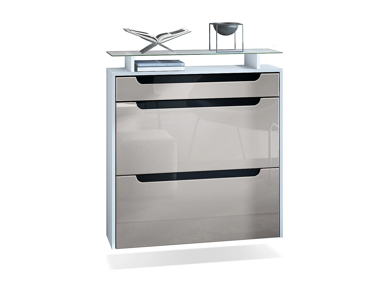 Scarpiera  Annie per 16 paia di scarpe con 2 ante a ribalta e ripiano in vetro, bianco opaco/grigio sabbia lucido (89 x 96 x 23 cm)