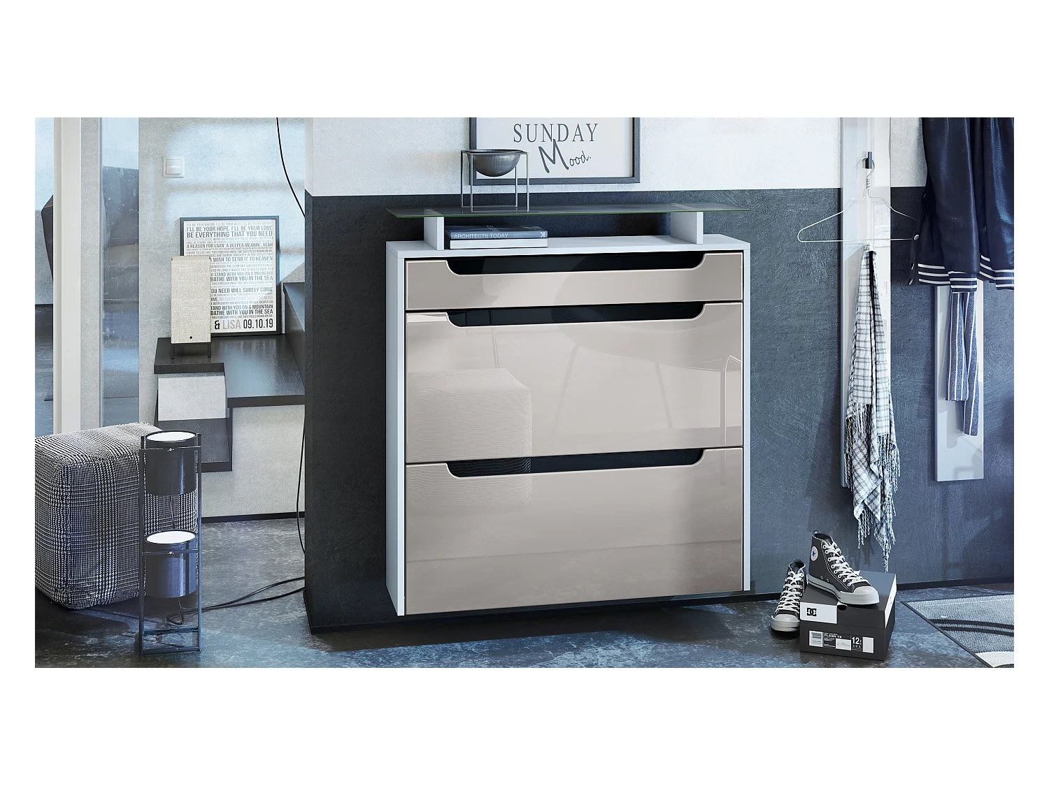 Scarpiera  Annie per 16 paia di scarpe con 2 ante a ribalta e ripiano in vetro, bianco opaco/grigio sabbia lucido (89 x 96 x 23 cm)