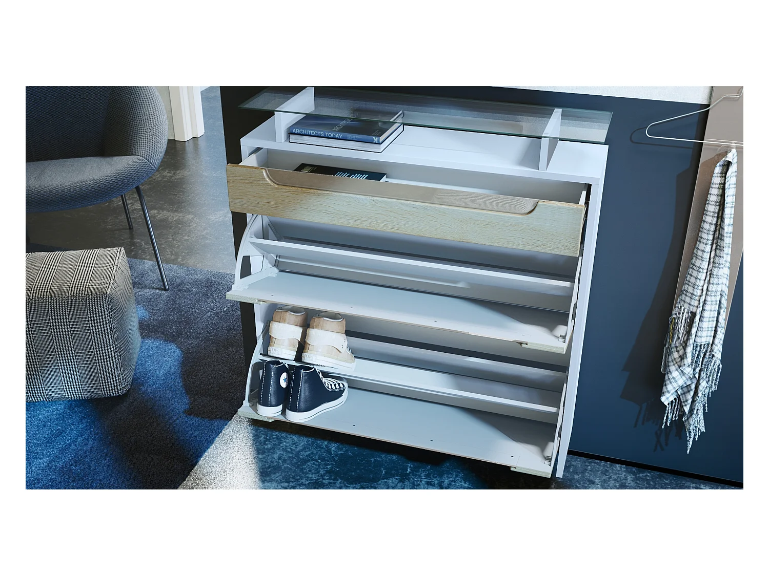 Scarpiera  Annie per 16 paia di scarpe con 2 ante a ribalta e ripiano in vetro, bianco opaco/grigio sabbia lucido (89 x 96 x 23 cm)