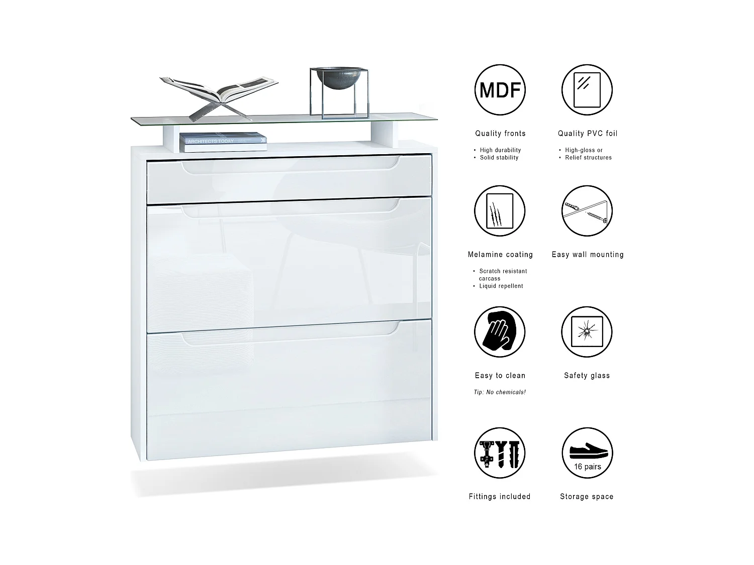 Scarpiera  Annie per 16 paia di scarpe con 2 ante a ribalta e ripiano in vetro, bianco opaco/grigio sabbia lucido (89 x 96 x 23 cm)