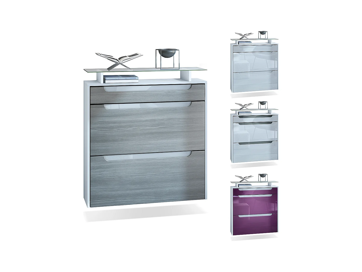 Scarpiera  Annie per 16 paia di scarpe con 2 ante a ribalta e ripiano in vetro, bianco opaco/grigio sabbia lucido (89 x 96 x 23 cm)