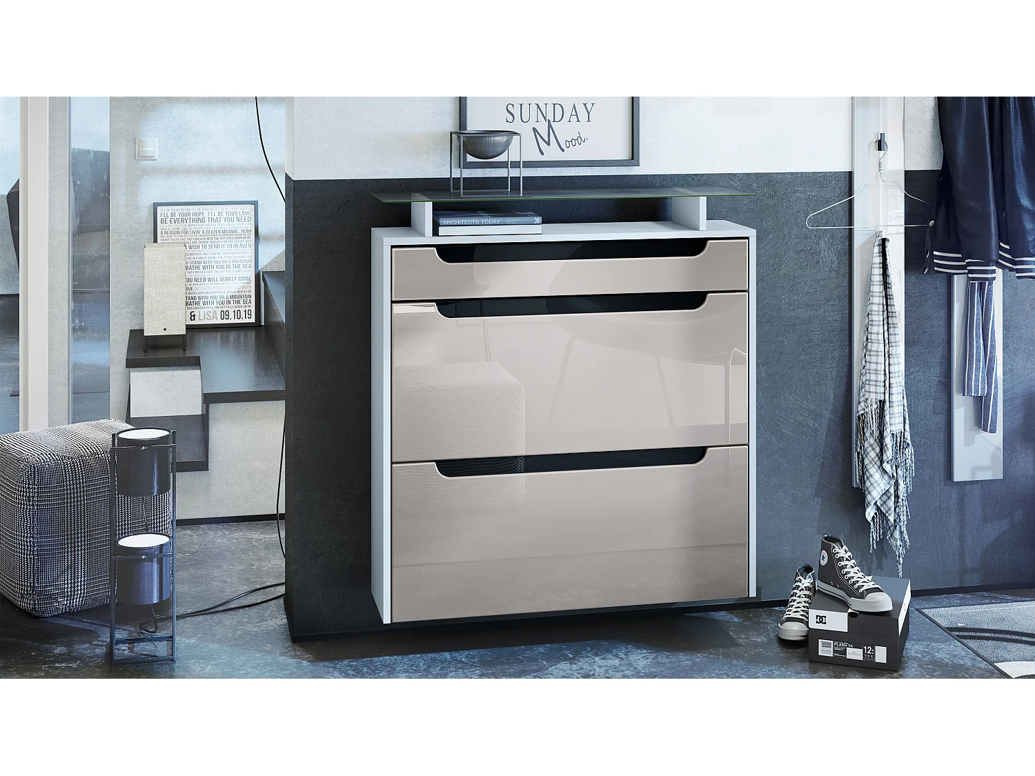 Scarpiera  Annie per 16 paia di scarpe con 2 ante a ribalta e ripiano in vetro, bianco opaco/grigio sabbia lucido (89 x 96 x 23 cm)