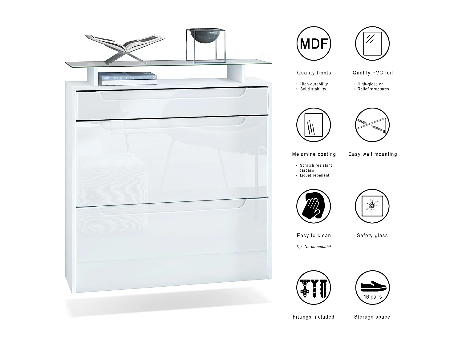 Scarpiera  Annie per 16 paia di scarpe con 2 ante a ribalta e ripiano in vetro, bianco opaco/grigio sabbia lucido (89 x 96 x 23 cm)