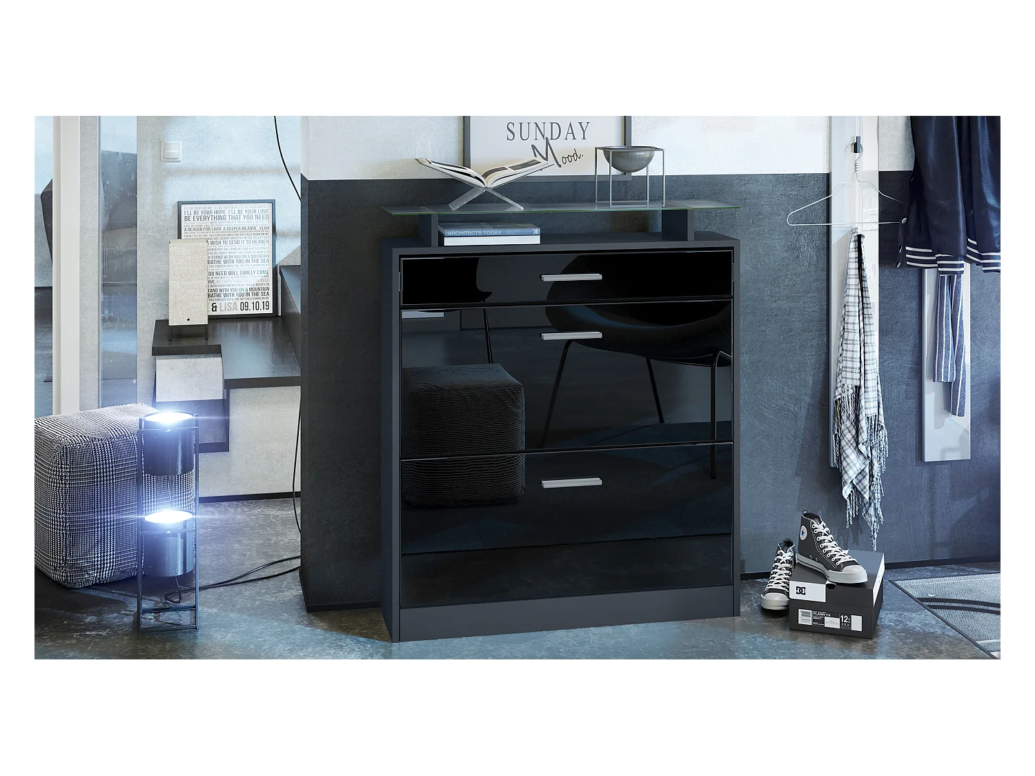 SCHUHSCHRANK Loret Fronten in Schwarz Hochglanz